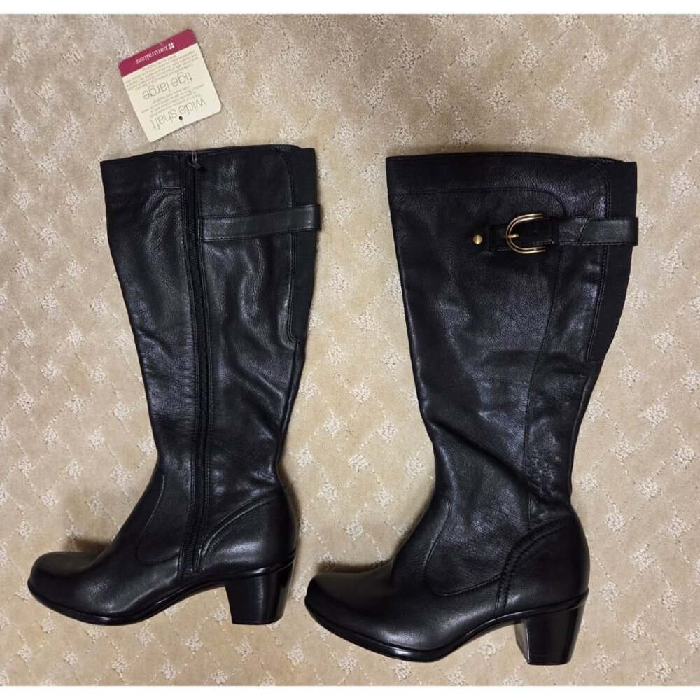 Naturalizer Eliane Boots Womens 6.5 M Wide Shaft Black Leather Knee High Zip Nwt
